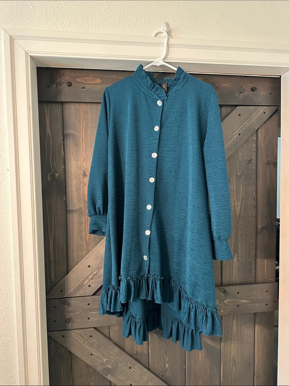 Teal Button-Front Tiered Ruffle Tunic